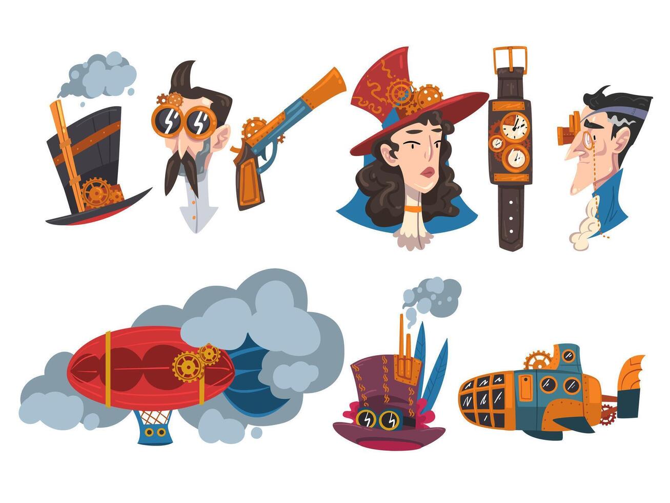 Steampunk Design Elements Set, Mechanical Engineering Devices and People, Antique Mechanical Device or Mechanism, Stylized Cartoon Style Illustration vector