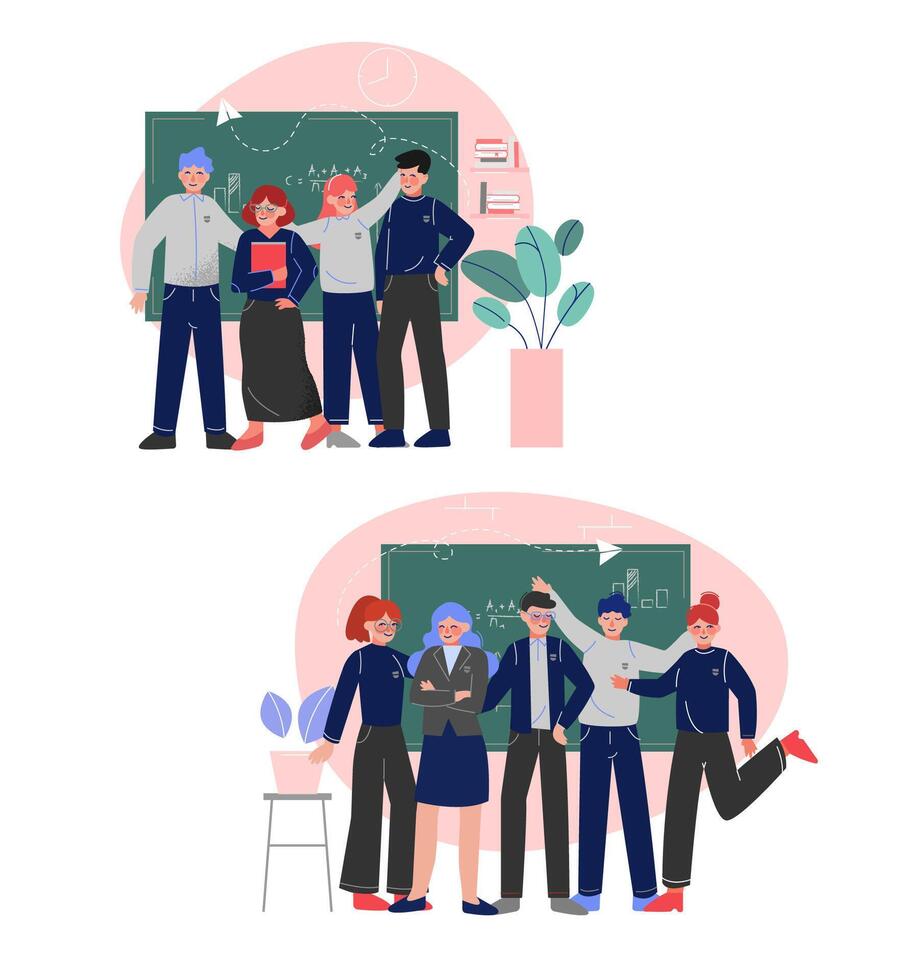 Group of Students Standing Together in Front of Blackboard Set, Teenagers in Uniform Posing Looking at Viewer Illustration vector