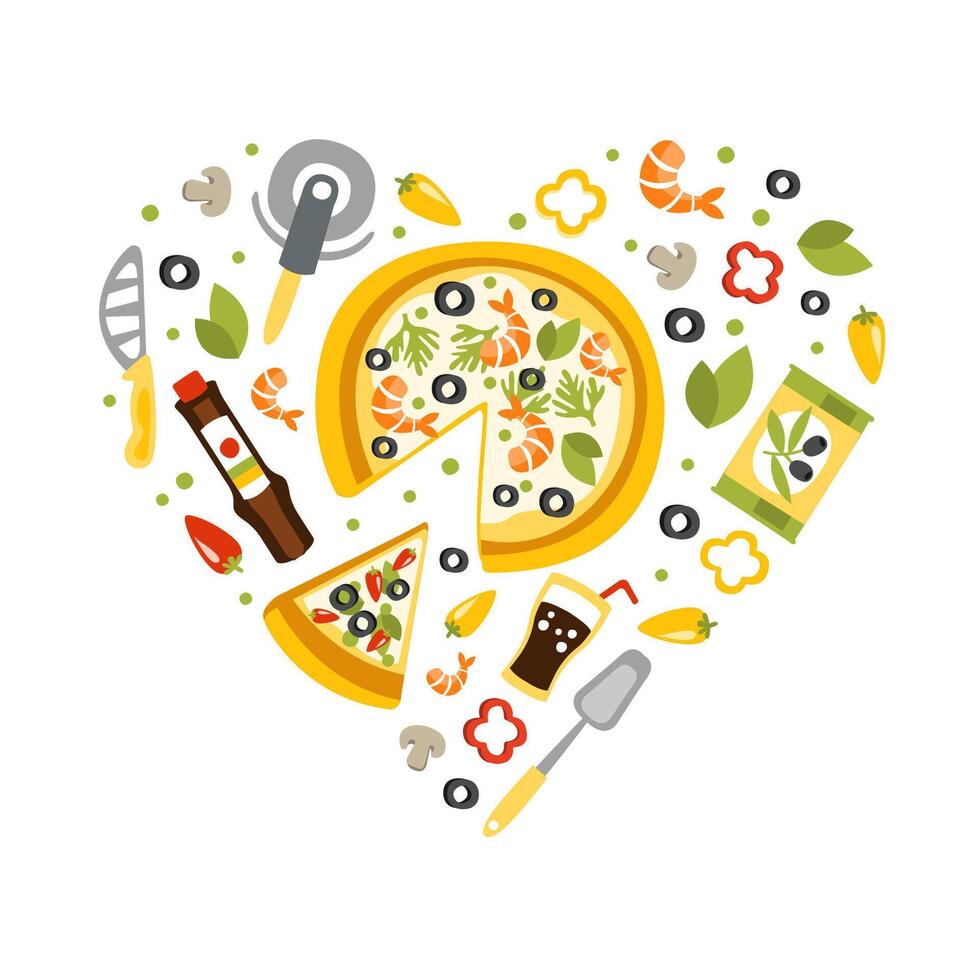 Pizza Banner Template, Traditional Italian Dish Ingredients, Food and Drinks of Heart Shape, Food Menu, Restaurant, Cafe Design Element, Banner, Flyer, Card Illustration vector
