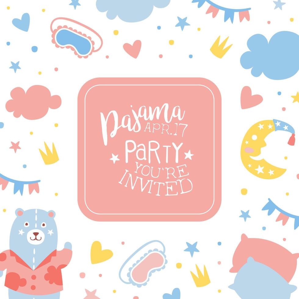 Pajama Party banner Template, Childish Slumber Pyjama Overnight Sleepover Invitation Card Design Cartoon Illustration vector
