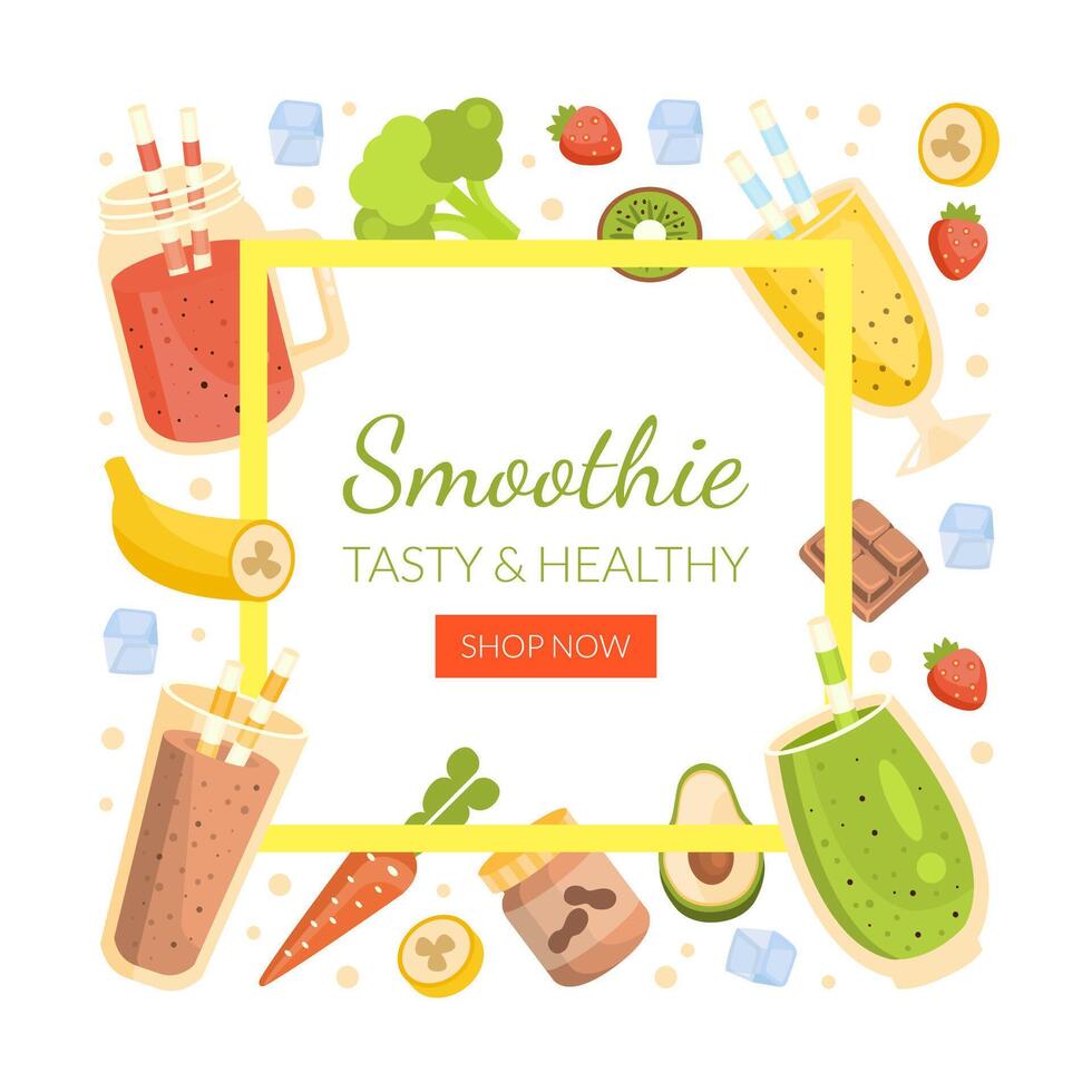 Smoothie Landing Page Template, Healthy Vitamin Drinks and Ingredients of Square Shape Frame with Space for Text, Tasty Natural Detox Cocktails Homepage, Website Cartoon Illustration vector