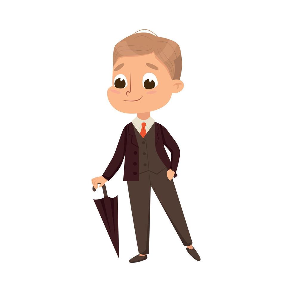 Little Gentleman in Elegant Suit with Umbrella Cane, Cute Boy in Retro Clothes Cartoon Style Illustration vector