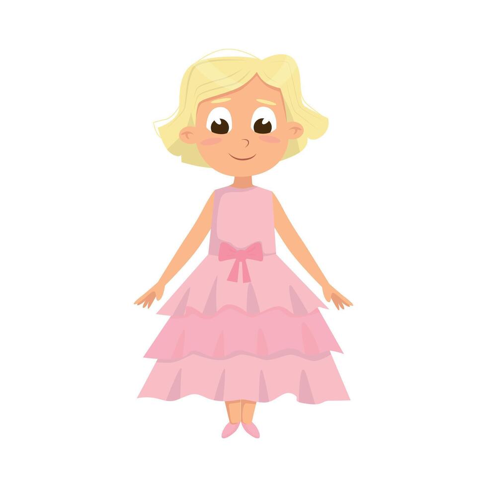 Beautiful Blonde Little Girl in Elegant Pink Dress, Cute Kid Wearing Nice Retro Clothes Cartoon Style Illustration vector