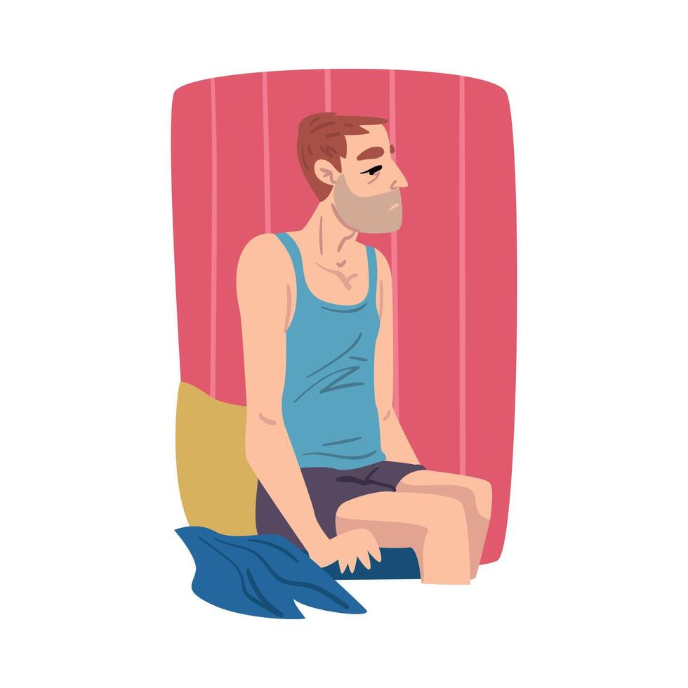 Young Man Sitting on his Bed after Waking Up, Businessman or Office Worker Daily Routine Cartoon Style Illustration vector