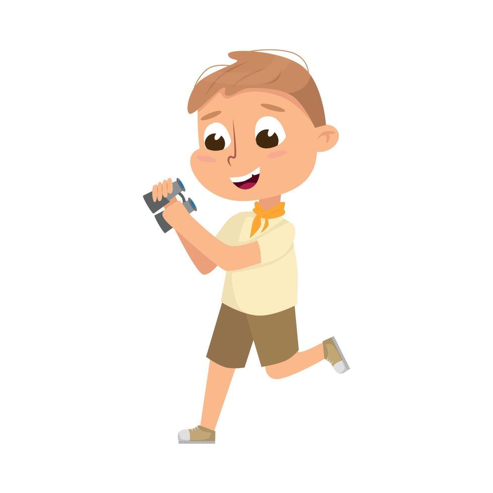 Cute Scout Boy with Binoculars, Scouting Elementary School Child Character in Uniform, Summer Holiday Activities Concept Cartoon Style Illustration vector