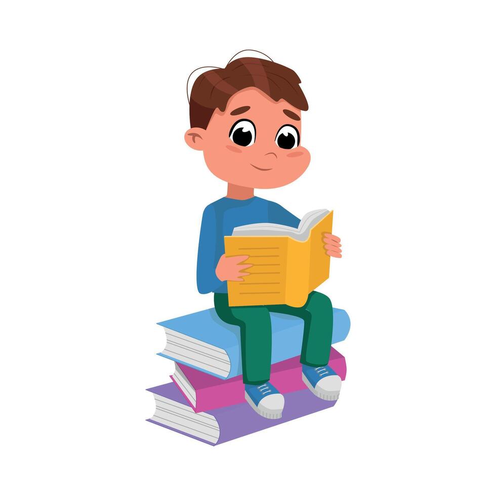 Cute Boy Sitting on Pile of Books and Reading, Preschooler Kid or Elementary School Student Enjoying Literature Cartoon Style Illustration vector