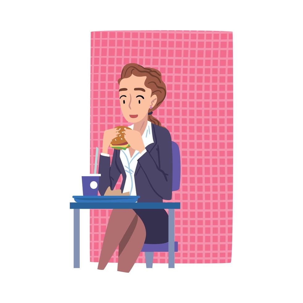 Young Woman in Business Clothes Eating Burger Sitting at Table, Businesswoman or Office Employee Daily Routine Cartoon Style Illustration vector