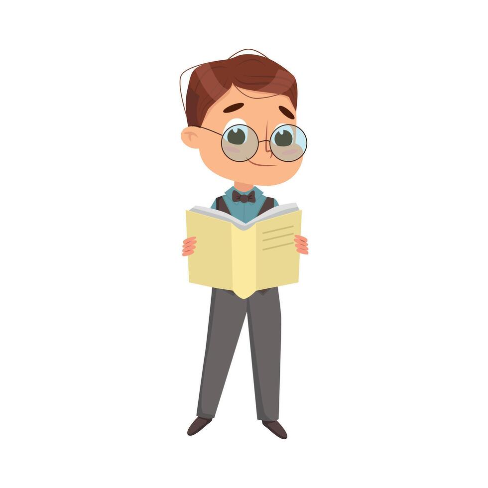 Cute Intelligent Boy Standing and Reading Book, Education and Knowledge Concept Cartoon Style Illustration vector