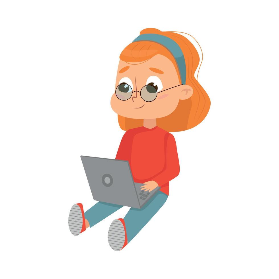Little Girl Using Laptop Computer, Cute Intelligent Kid with Device, Education and Knowledge Concept Cartoon Style Illustration vector