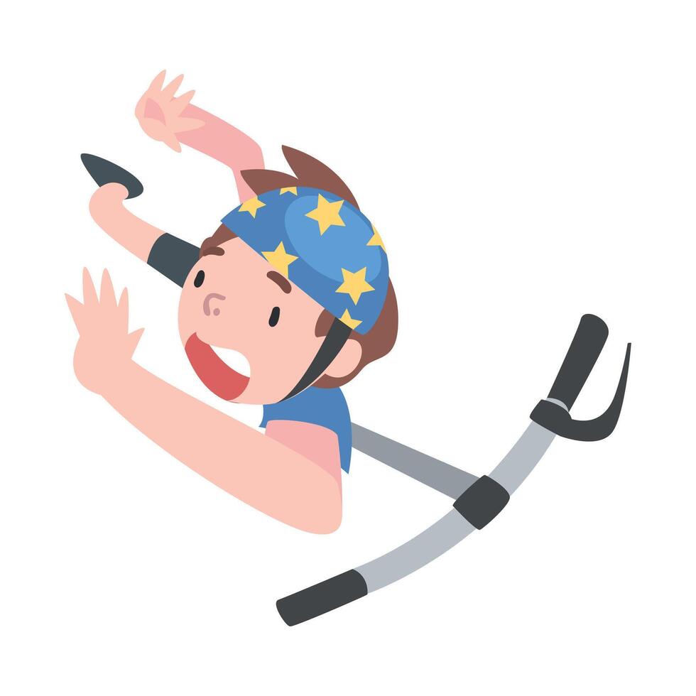 Boy in Safety Helmet Falling Down from Kick Scooter, View from Above, Traumatic Accident, Health Risk Cartoon Style Illustration vector