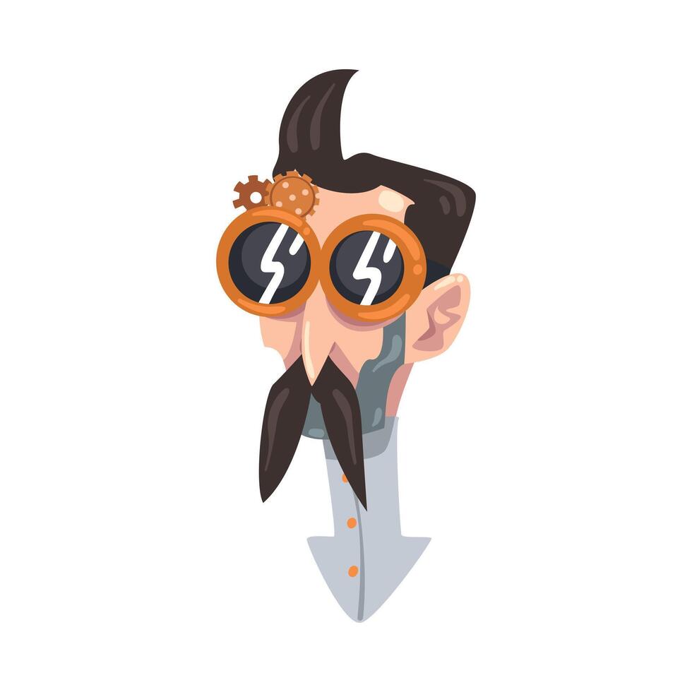 Steampunk Male Portrait, Gentleman with Mustache and Goggles in Stylized Cartoon Style Illustration vector