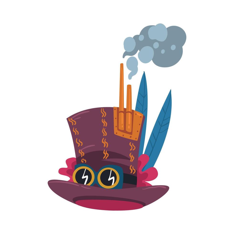 Steampunk Top Hat with Goggles, Antique Mechanical Device or Mechanism, Stylized Cartoon Style Illustration vector