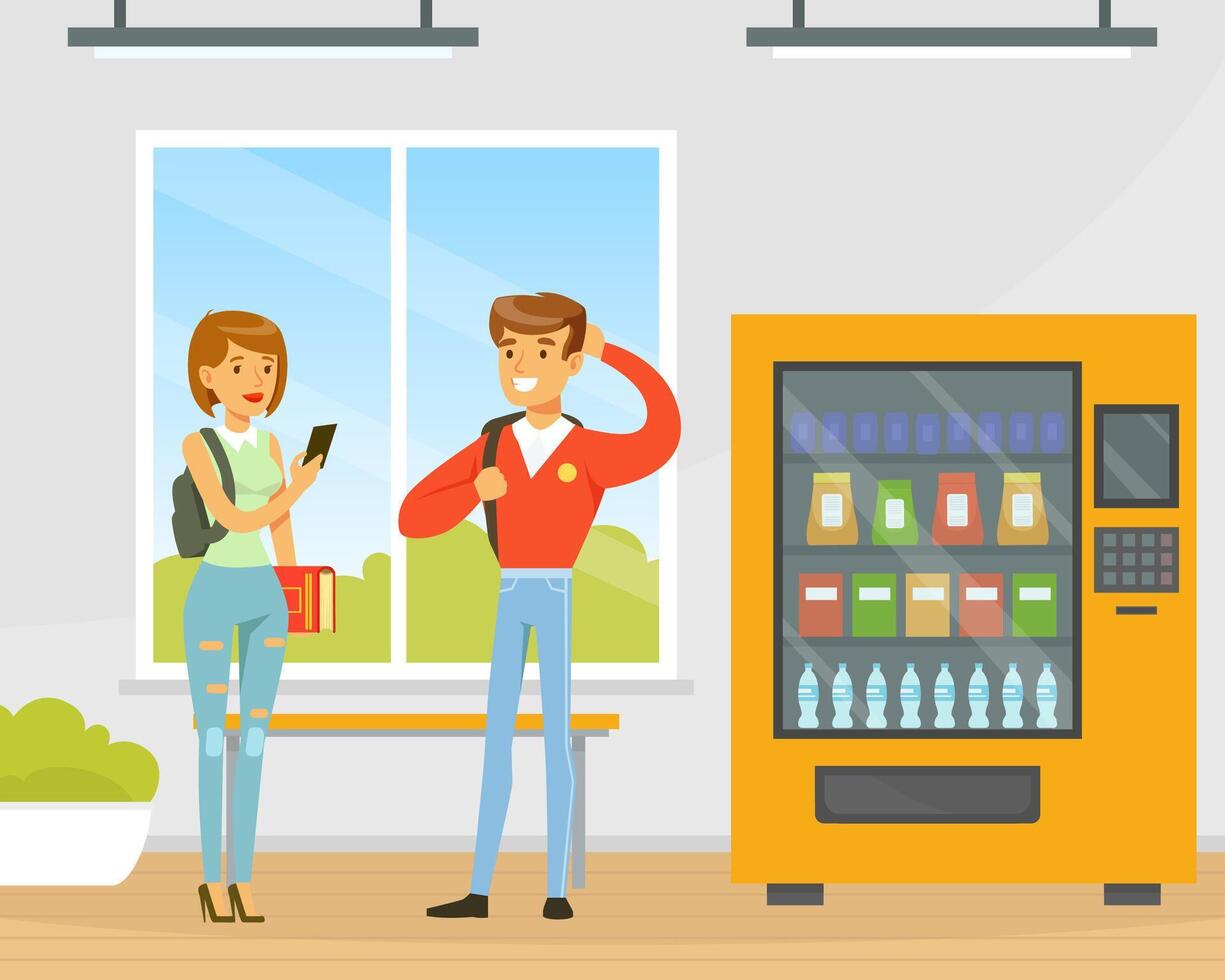 Cheerful University Students with Backpack and Books Standing at Vending Machine in College or University Hallway Flat Illustration vector