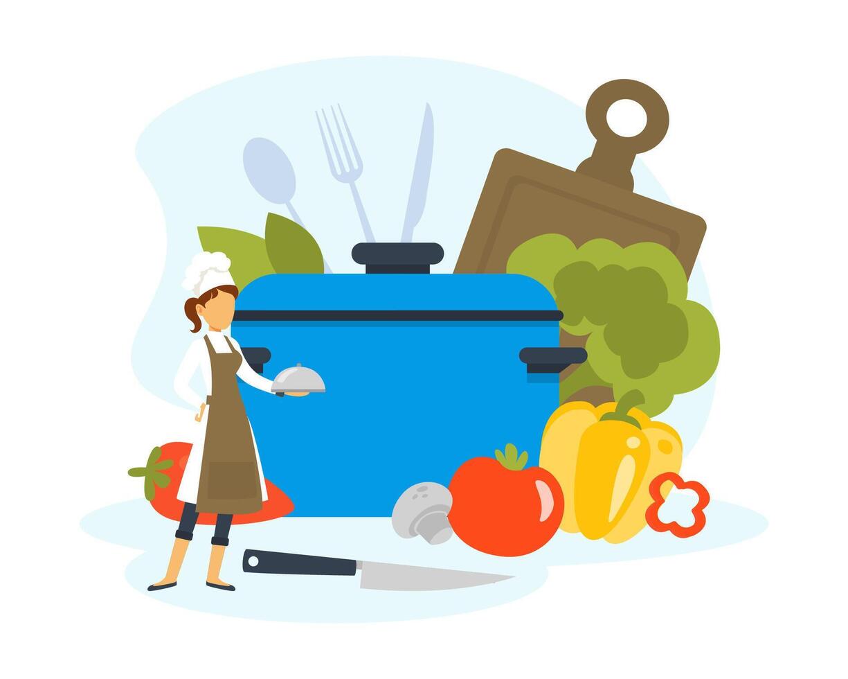 Woman Chef Cooking Healthy Vegetarian Dish in Saucepan, Tiny Kitchener Character in Uniform and Cap Cooking in Kitchen Illustration vector