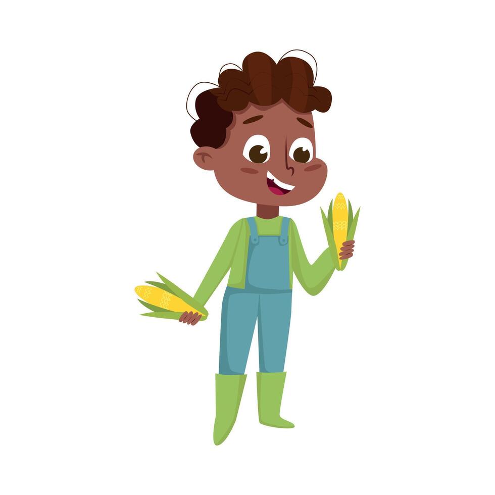 Cute African American Boy Holding Corn Cobs, Little Kid Farmer Character in Overalls Working in Garden Cartoon Style Illustration vector