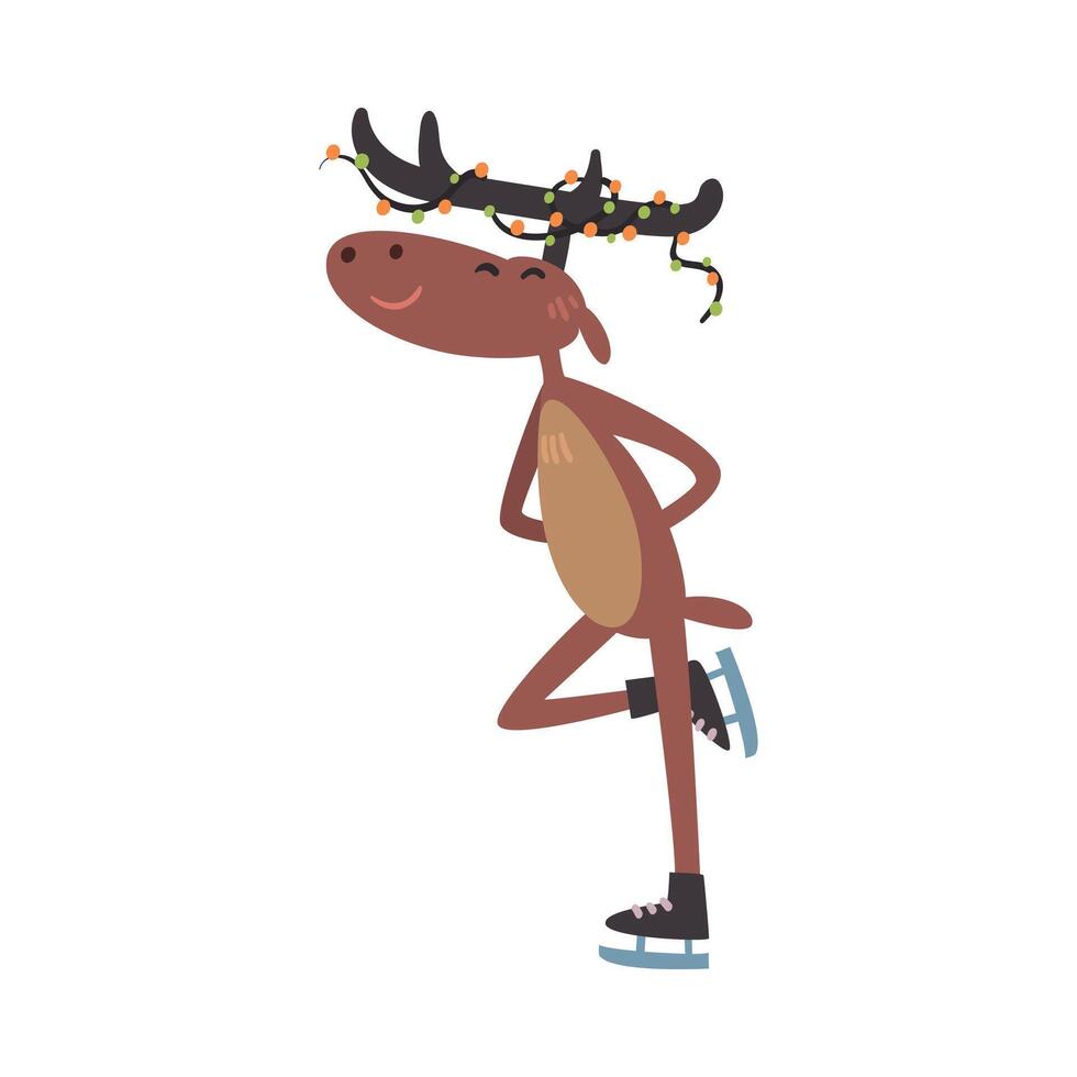 Cute Funny Christmas Reindeer Character Skating Happily, Symbol of Xmas and New Year Holidays Cartoon Style Illustration vector
