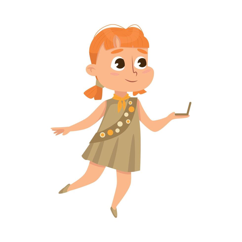 Adorable Scout Girl with Compass, Cute Scouting Child Character in Uniform, Summer Holiday Activities Concept Cartoon Style Illustration vector