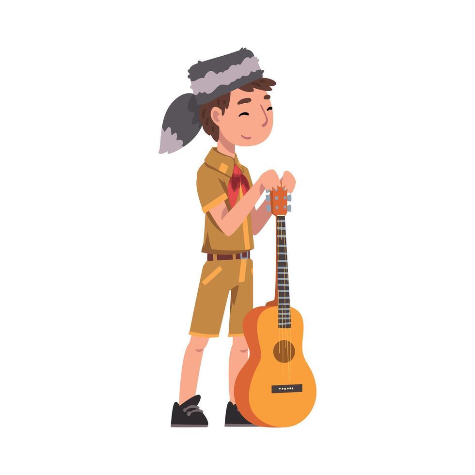 Scout Boy Standing with Guitar, Scouting Kid Character Wearing Uniform, Neckerchief and Coonskin Cap, Summer Camp Activities Illustration vector