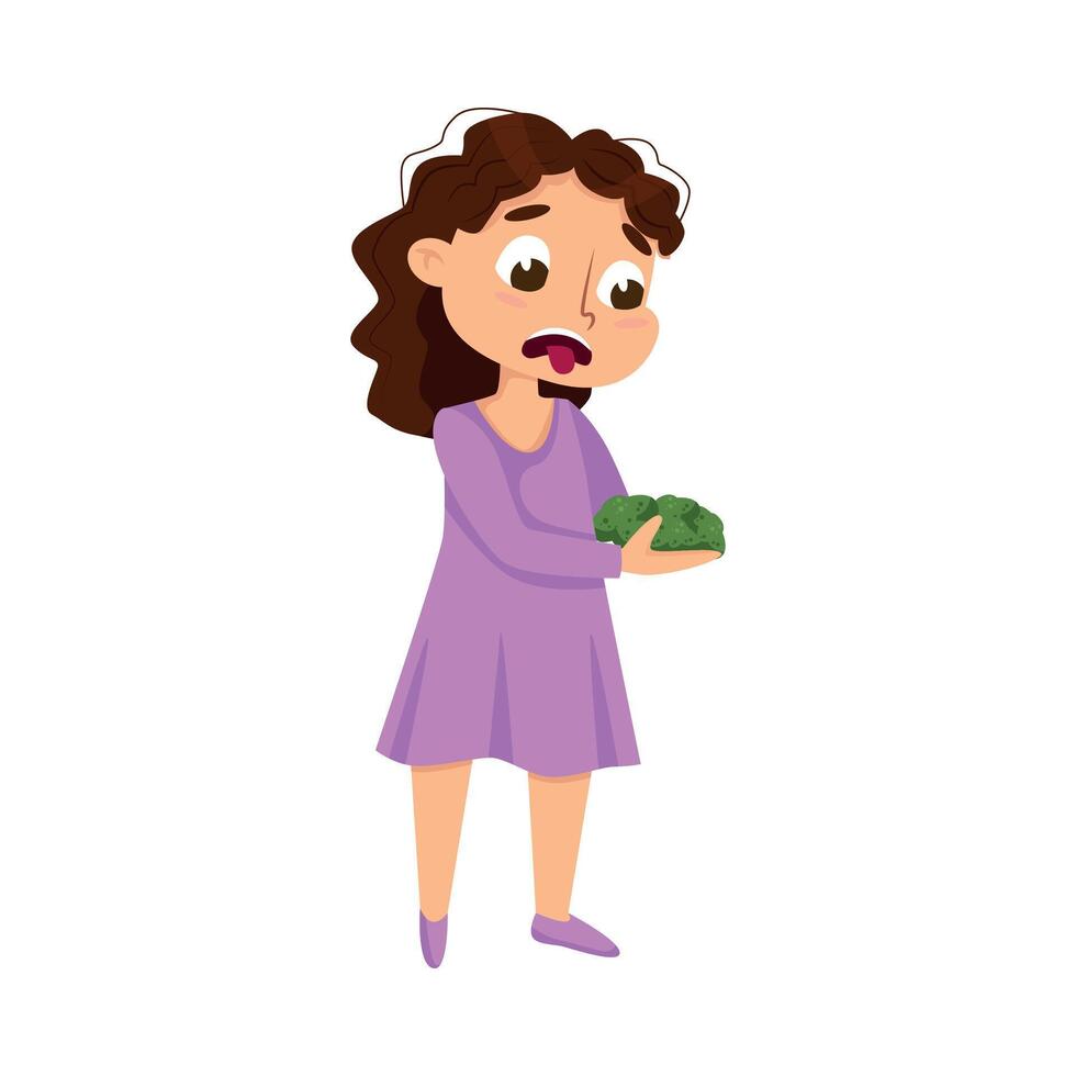 Girl Refuse to Eat Broccoli, Child Hate Vegetables Cartoon Style Illustration vector