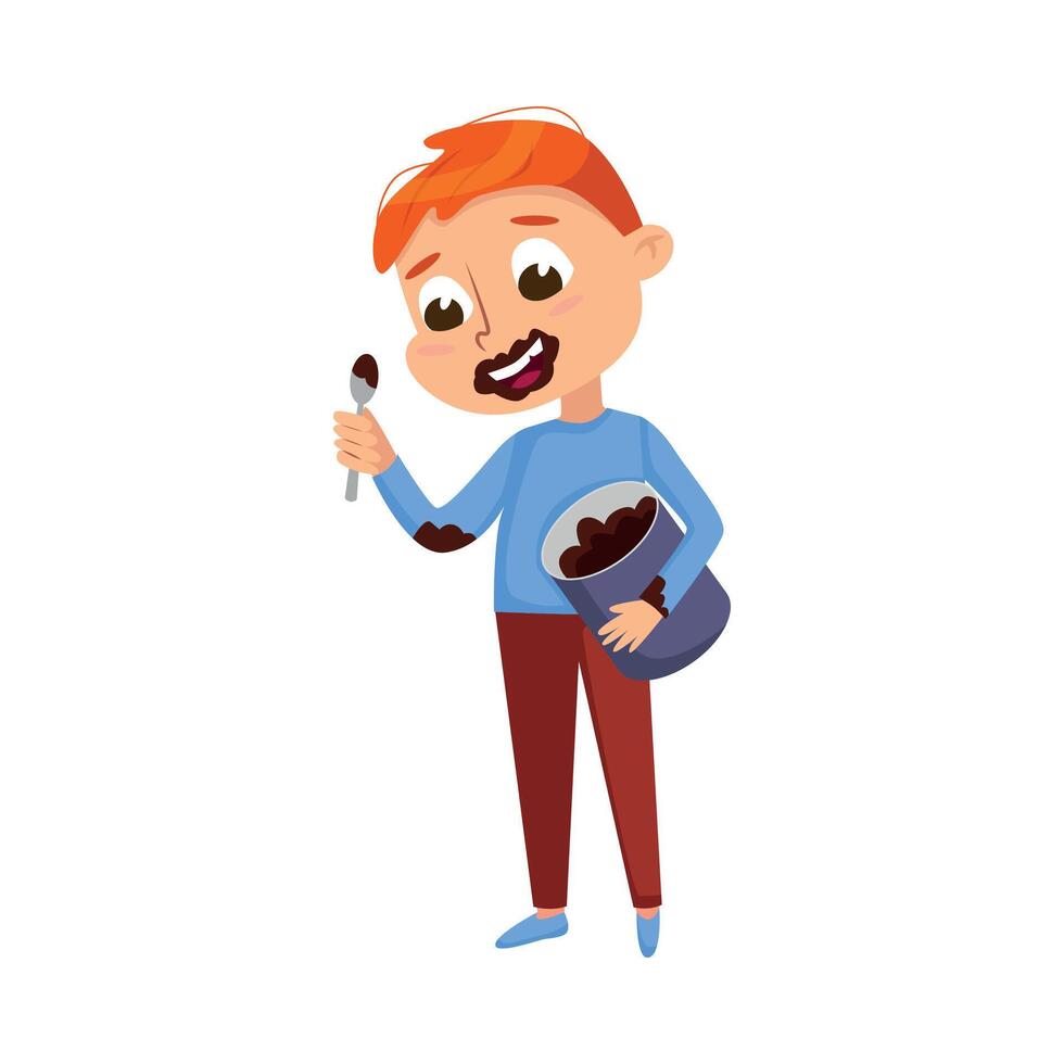 Boy Eating Chocolate Spread from Jar with Face Dirty, Kid Enjoying Eating of Yummy Dessert Cartoon Style Illustration vector