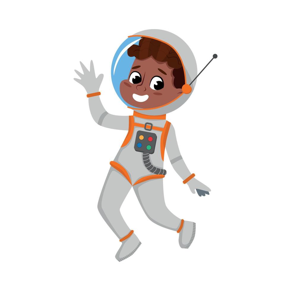 Child Astronaut Character in Outer Space Suit Waving his Hand, Boy Dreaming of Becoming an Astronaut Cartoon Style Illustration vector