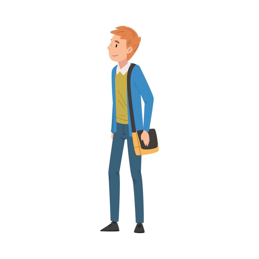 Redhead Guy in Casual Clothes Standing with Bag, International College or University Student Character Illustration vector