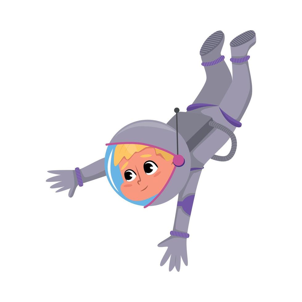 Kid Astronaut in Outer Space Suit Floating in Space, Cute Boy Playing Astronauts, Space Tourist Character Cartoon Style Illustration vector