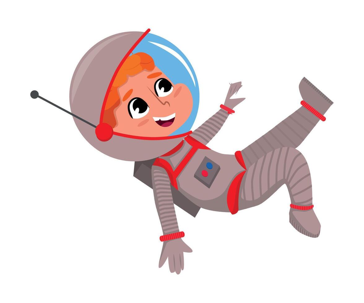 Cute Happy Kid Astronaut in Outer Space Suit Floating in Space, Little Boy Playing Astronauts, Space Tourist Character Cartoon Style Illustration vector