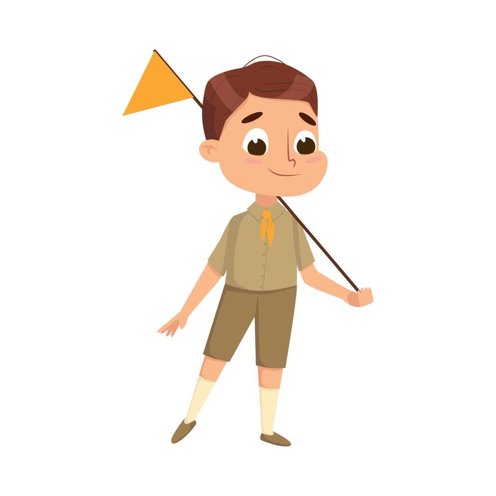Cute Scout Boy with Flag, Scouting Child Character in Uniform, Summer Holiday Activities Concept Cartoon Style Illustration vector