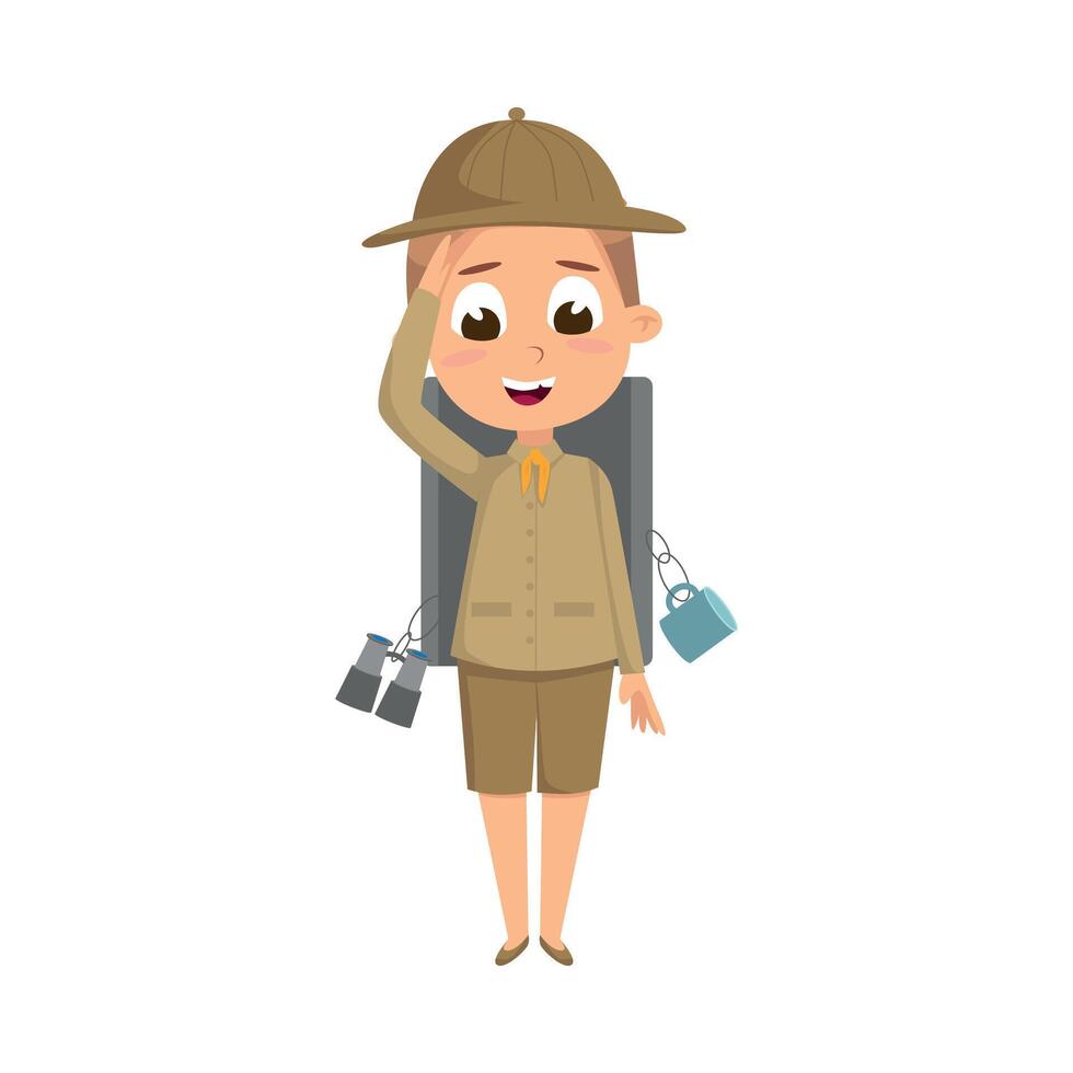 Scout Boy with Backpack and Binoculars, Cute Scouting Elementary School Child Character in Uniform, Summer Holiday Activities Concept Cartoon Style Illustration vector