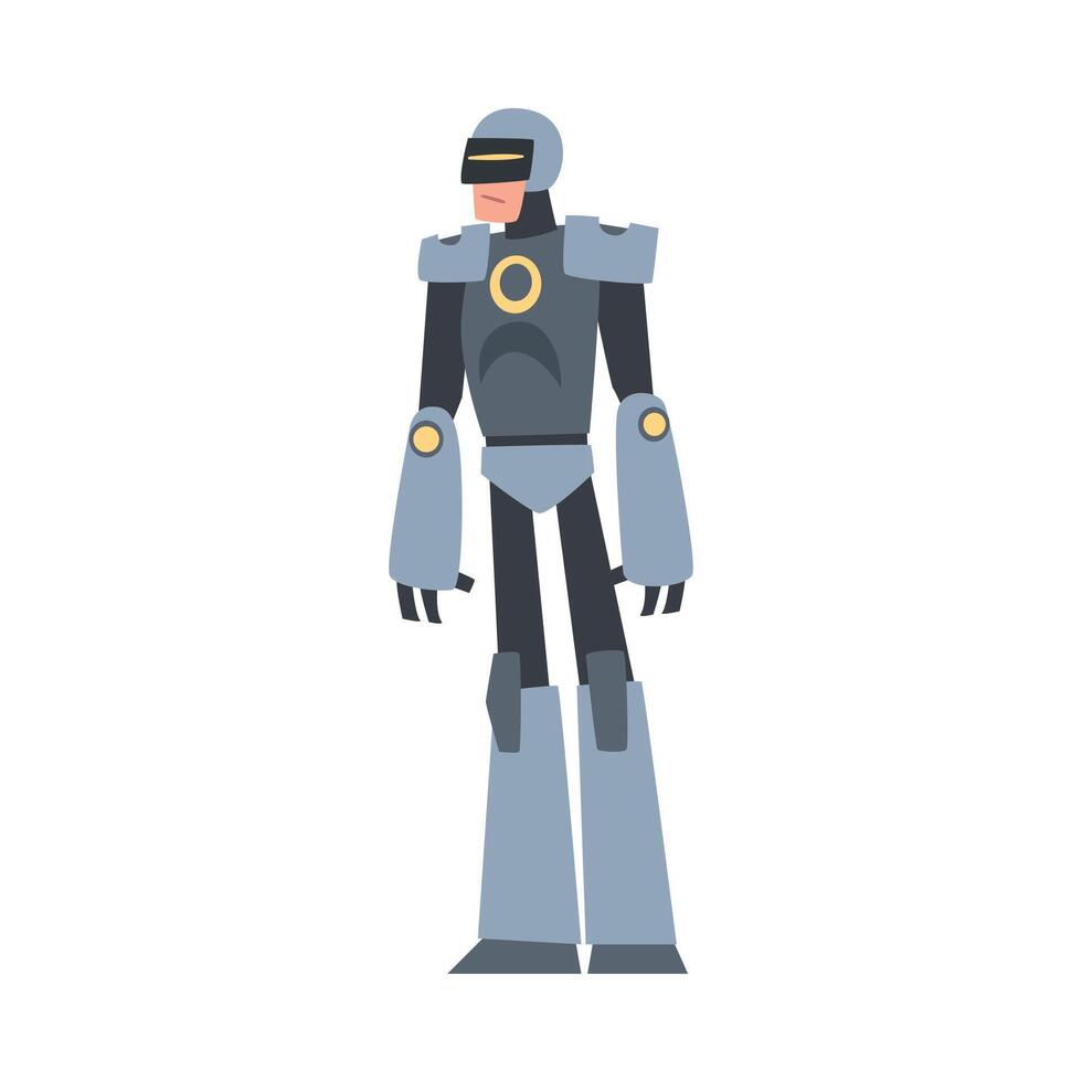 Man in Gray Robot Costume, Cyborg or Superhero Character, Carnival Party or Masquerade Cartoon Style Illustration vector