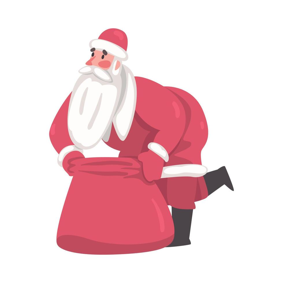 Santa Claus, Cute Christmas Character with Heavy Bag full of Gifts, Symbol of Xmas and New Year Holidays Cartoon Style Illustration vector