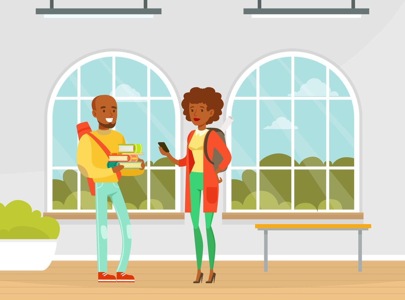 Cheerful University Students with Backpack and Books Standing in College or University Hallway Flat Illustration vector