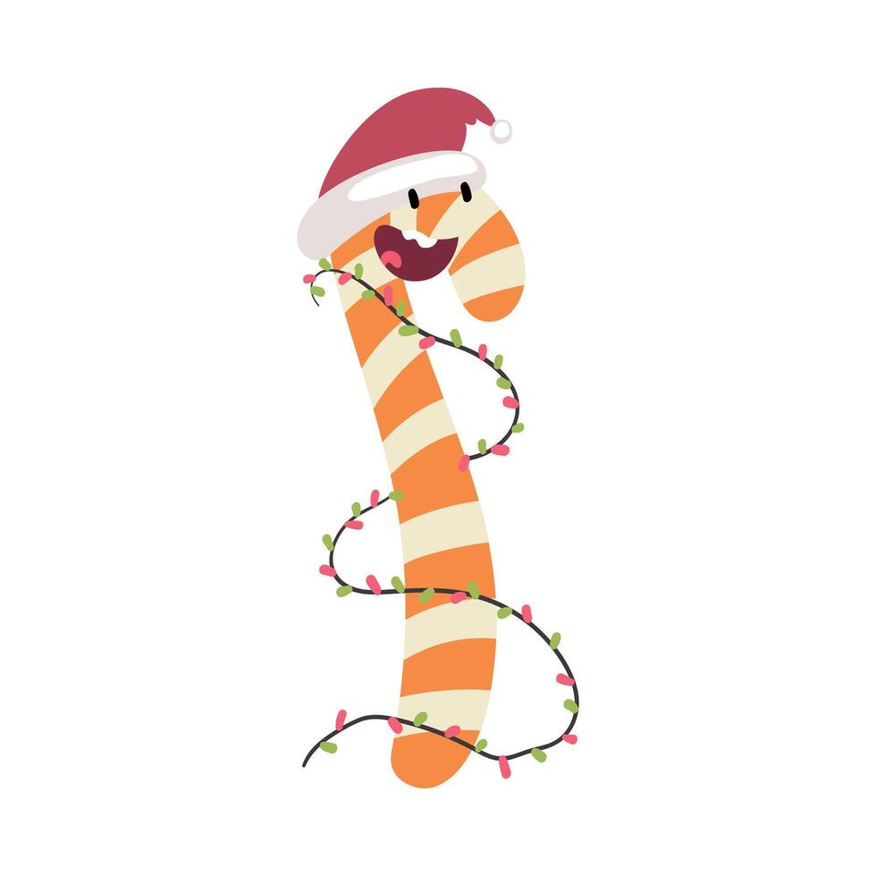 Funny Christmas Candy Cane Character in Santa Hat, Symbol of Xmas and New Year Holidays Cartoon Style Illustration vector