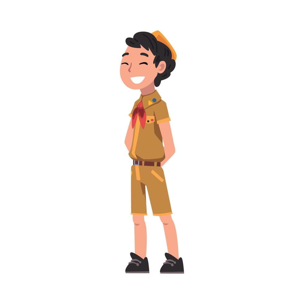 Smiling Scout Boy, Cheerful Scouting Kid Character Wearing Uniform and Red Neckerchief, Summer Camp Activities Illustration vector