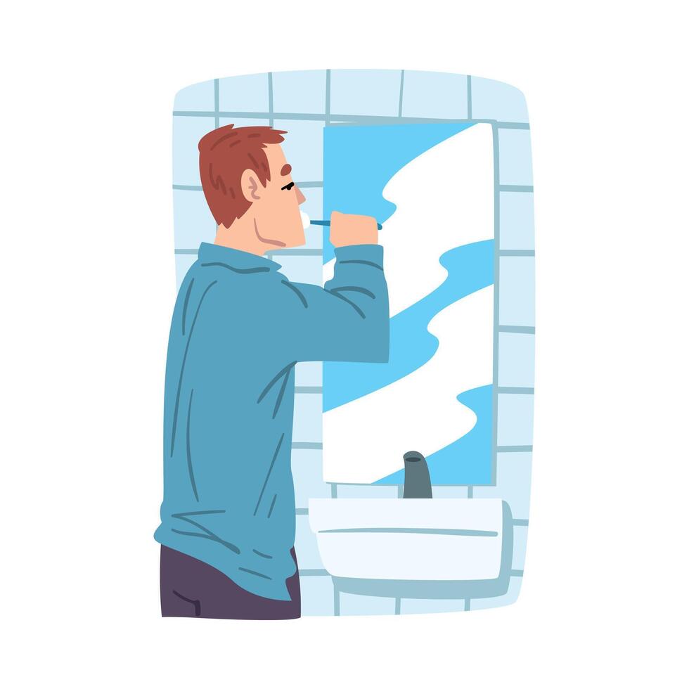 Man Standing in front of Mirror and Brushing his Teeth in Bathroom, Businessman or Office Worker Daily Routine Cartoon Style Illustration vector