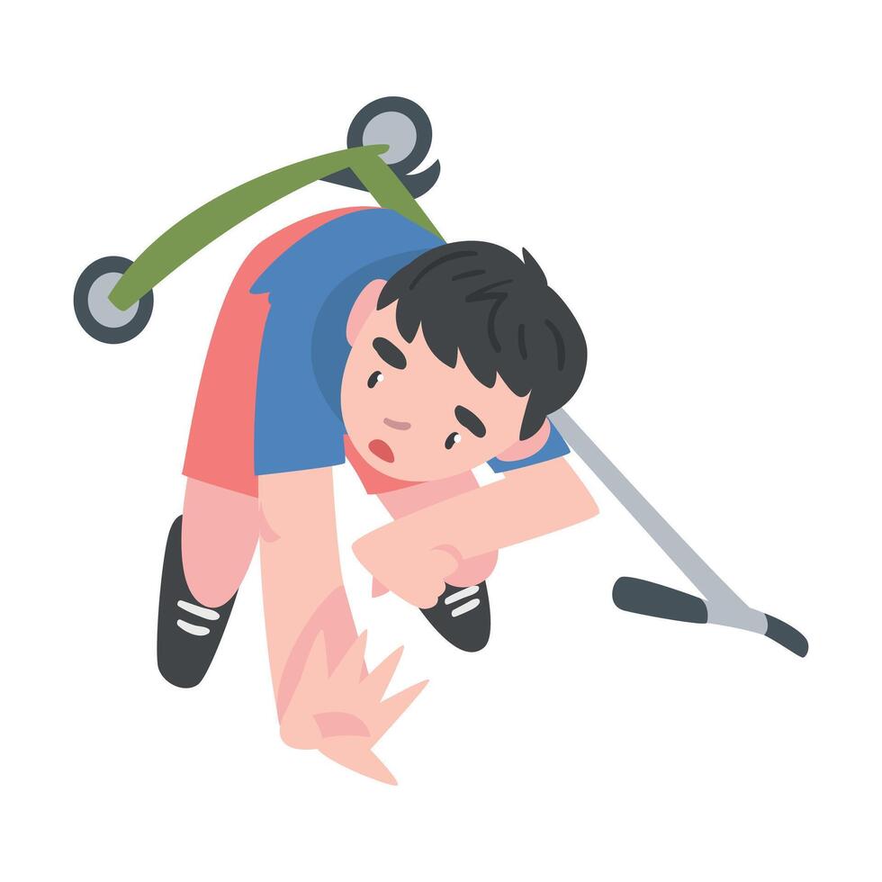 Frightened Boy Falling from Kick Scooter, Traumatic Accident, Health Risk, Pain, Injury Cartoon Style Illustration vector