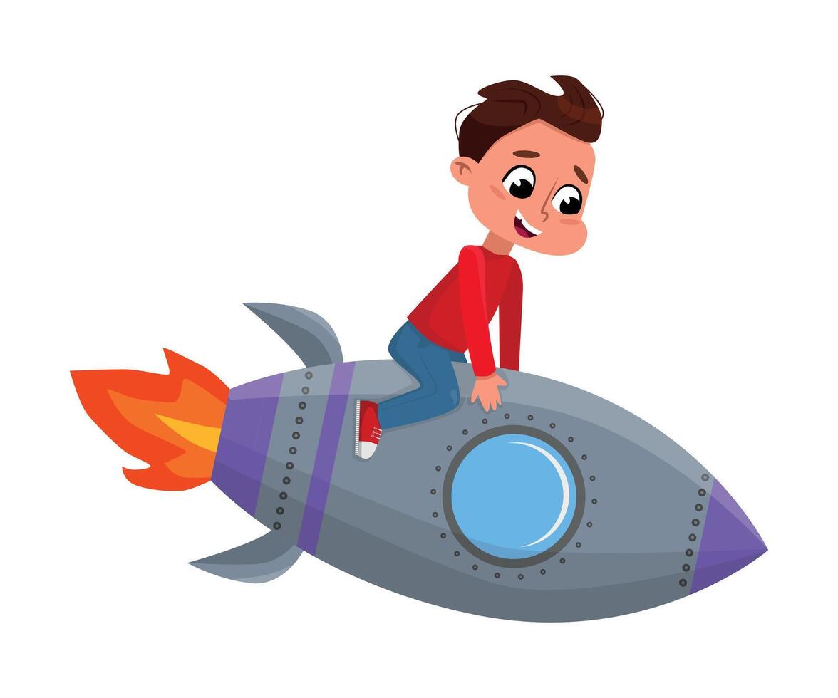 Cute Happy Boy Astronaut Riding Space Rocket Toy, Little Boy Playing Astronauts Cartoon Style Illustration vector