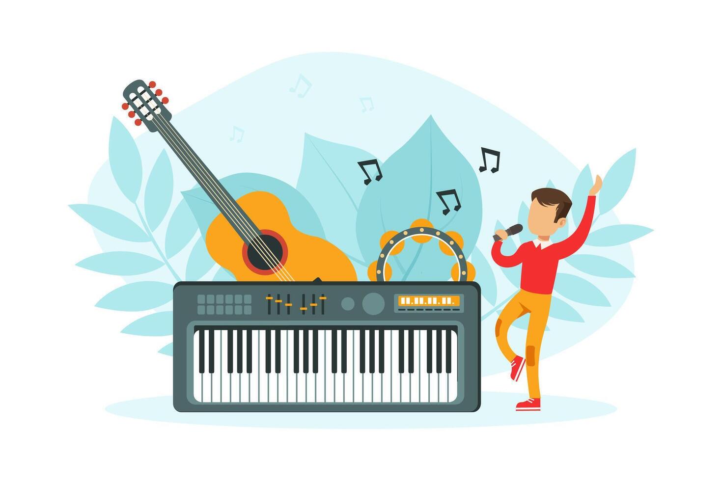 Tiny Boy Singing with Microphone, Tiny Boy Singing with Microphone with Huge Musical Instruments Guitar, Tambourine and Keyboard, Child on Lesson in Music School Illustration vector