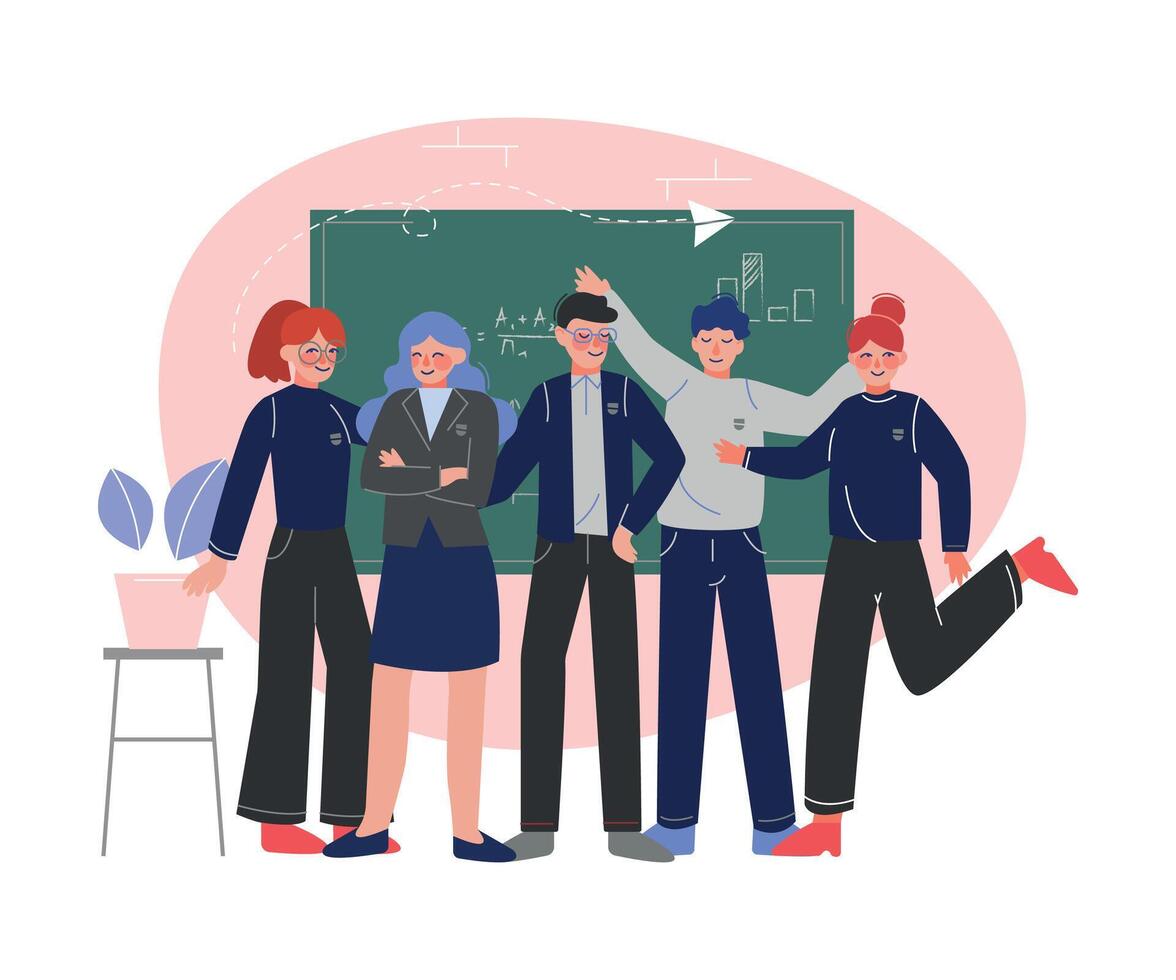 Group of Smiling Students Standing Together in Front of Blackboard Illustration vector