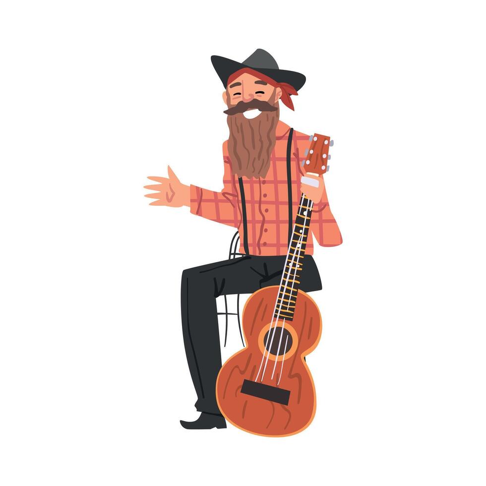 Smiling Musician Character with Guitar Giving Interview Cartoon Style Illustration vector