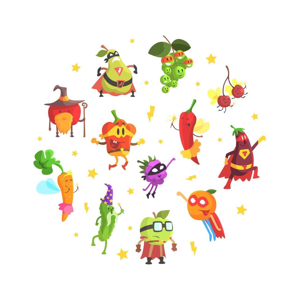 Superhero Vegetables Pattern of Round Shape, Funny Vegetables Dressed in Superhero Costumes Design Cartoon Illustration vector