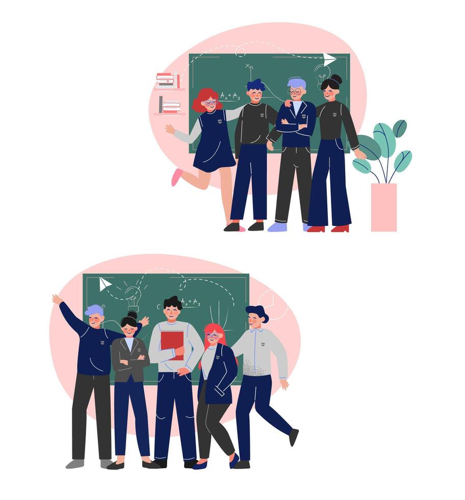 Group of Smiling Students Set, Teenage Boys and Girls in School Uniform Standing and Posing in Front of Blackboard Illustration vector