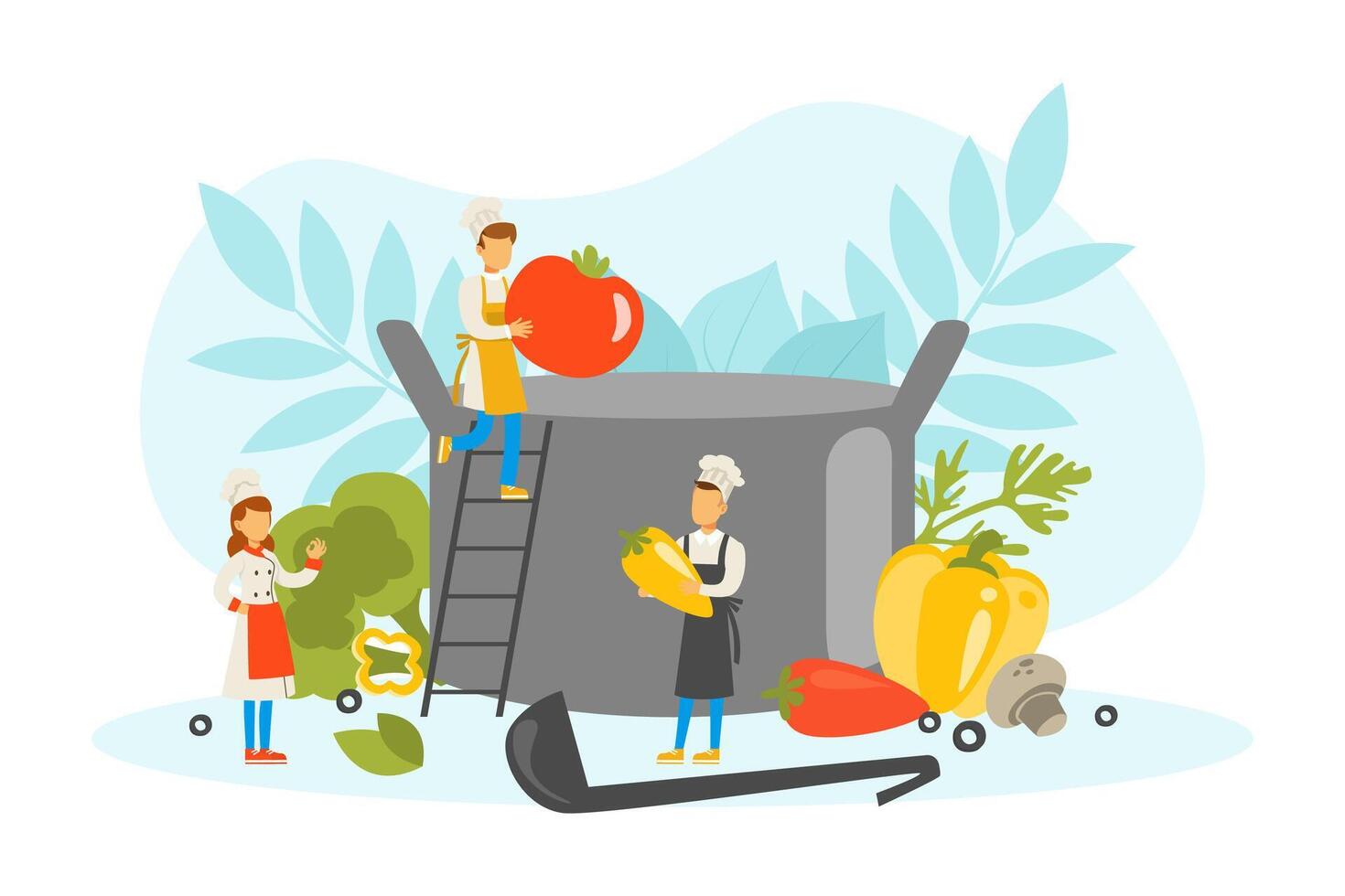 Restaurant Team Cooking Healthy Dish in Saucepan, Tiny Chef Characters in Uniform and Cap Cooking in Kitchen Illustration vector
