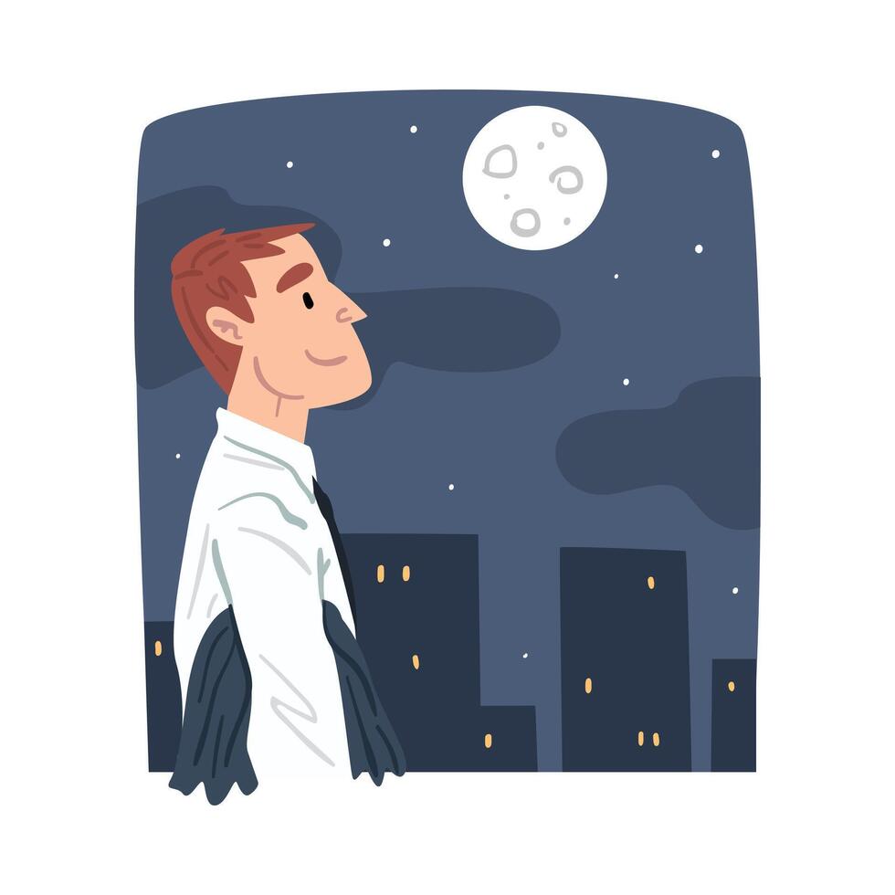Young Man Walking from Work at Night, Businessman or Office Worker Daily Routine Cartoon Style Illustration vector