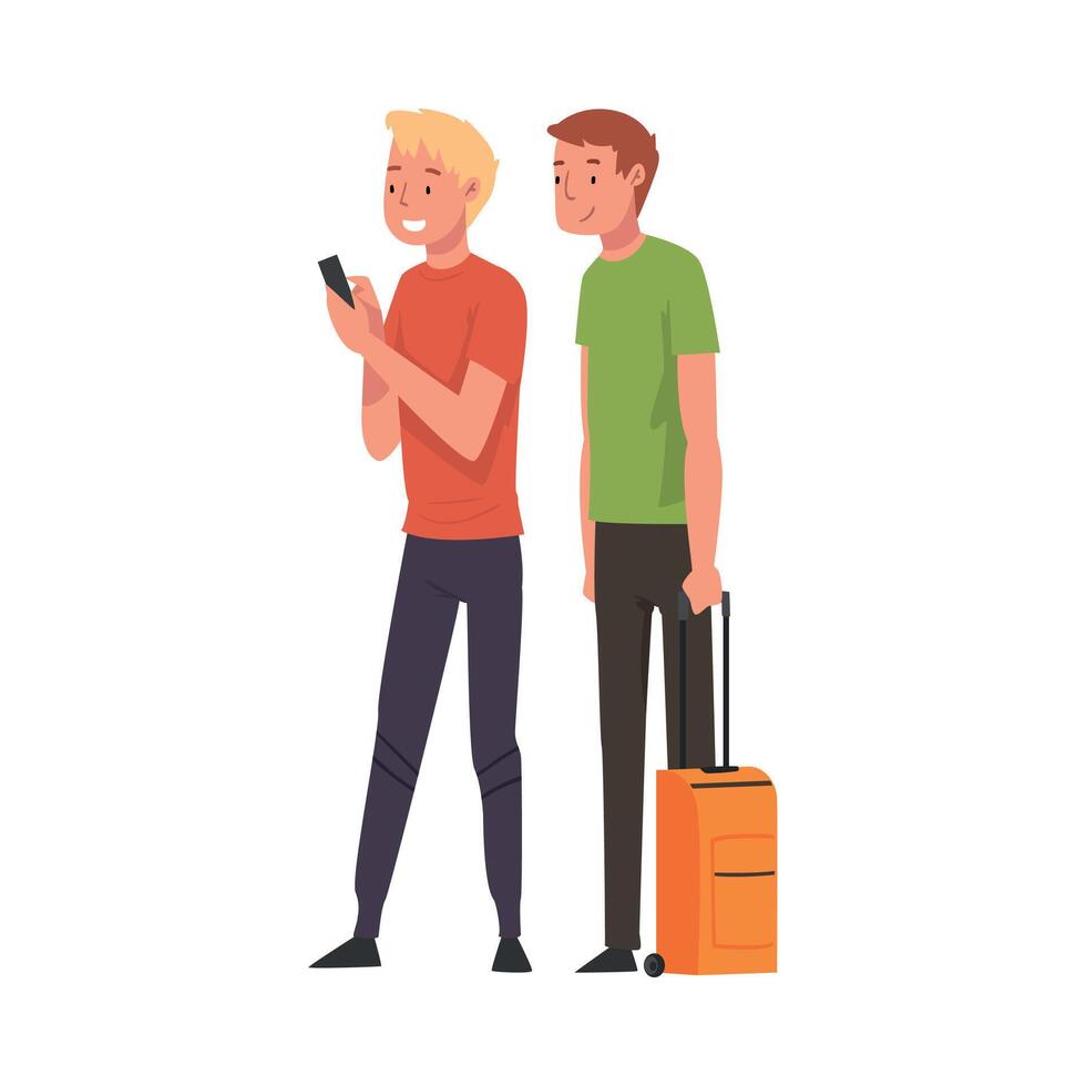 Male Tourists Calling Taxi Car or Using Mobile Taxi Call Application Illustration vector