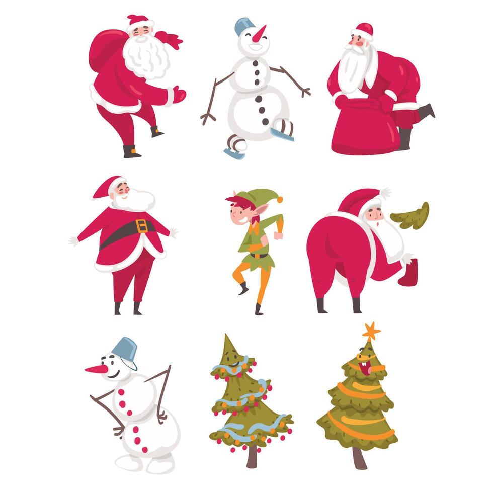 Symbols of Xmas and New Year Holidays Set, Cute Santa Claus, Snowman, Elf, Christmas Tree Characters Cartoon Style Illustration vector