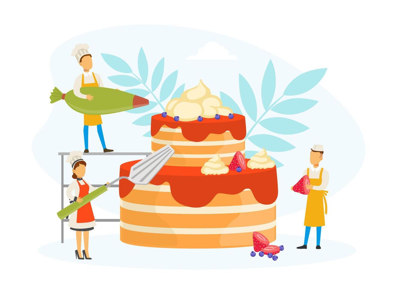 Team of Confectioners Decorating Cake with Cream, Tiny People in Uniform and Cap Cooking in Kitchen Illustration vector