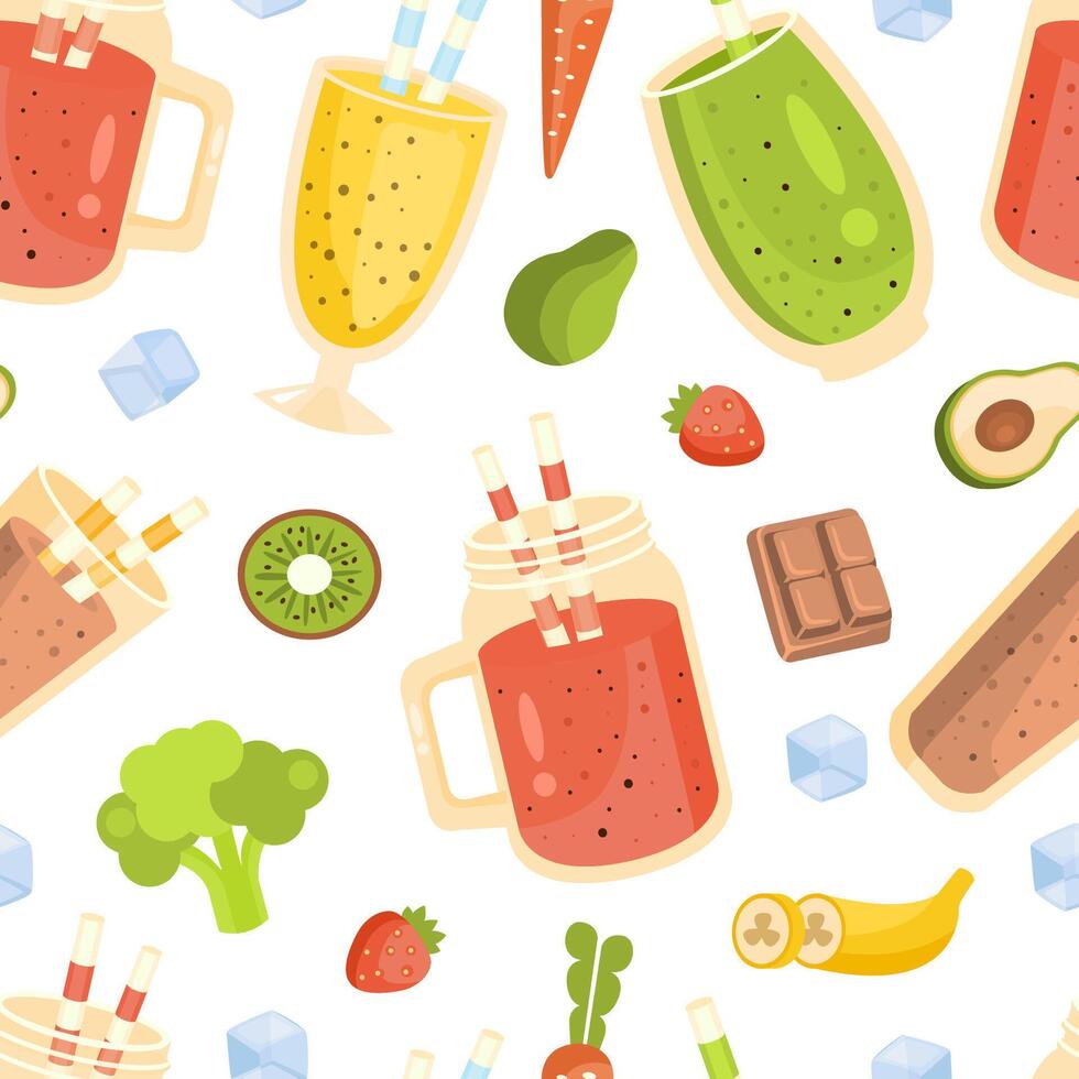Smoothies and Ingredients Seamless Pattern, Tasty Nutritious Vitamin Cocktails, Restaurant or Cafe Menu Design Element Can Be Used for Wallpaper, Packaging, Background Cartoon Illustration vector