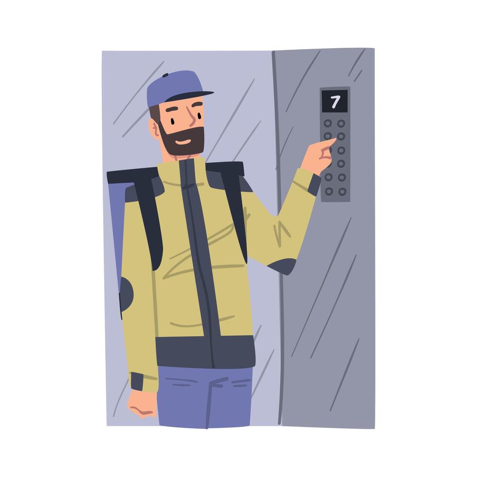 Food Delivery Man in Protective Mask Call the Intercom, Food Express Delivery Service Cartoon Style Illustration vector